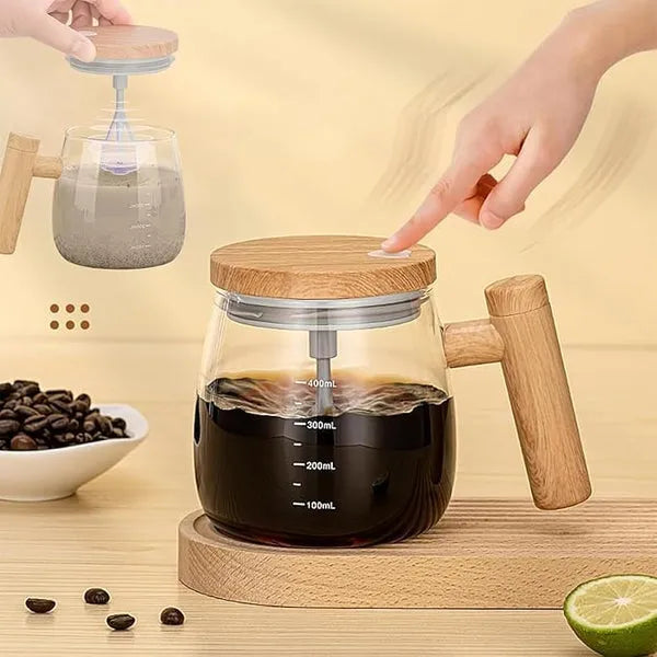 Self-Stirring Coffee Mug-Wooden Design Automatic -One Click Electric Mixing Glass Cup 400ml
